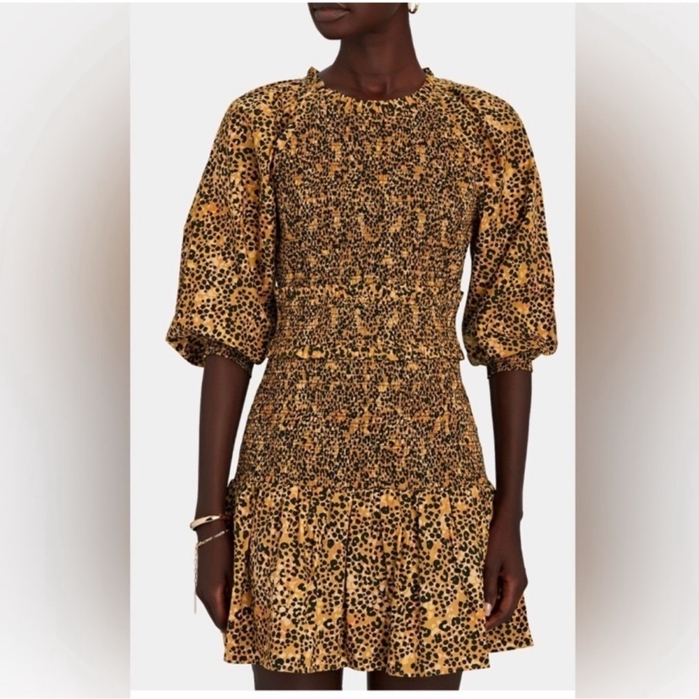 SAYLOR Mia Leopard Print Smocked Mini Dress Size Large Cotton Animal Print